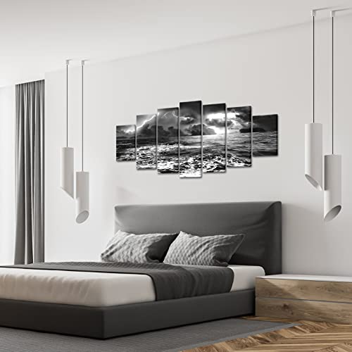 Sechars X-Large Multi Piece Canvas Wall Art Black And White Ocean Lightning Storm Picture Painting Nature Wave Seascape Photo Giclee Print For Home Living Room Office Decoration W-70 X H-32 #TOP3