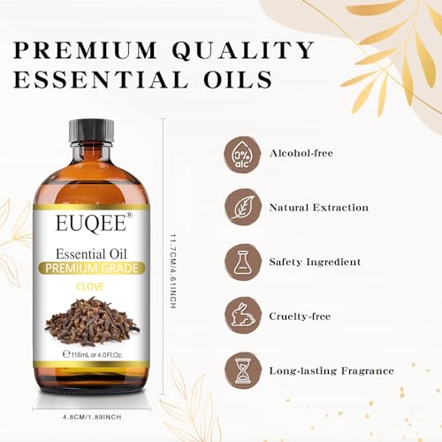 EUQEE Clove Essential Oil Large Capacity (4 oz/118 ml) Premium Clove Bud Oil - with Glass Dropper, Great for Diffusers, DIY Candle e & Soap Making