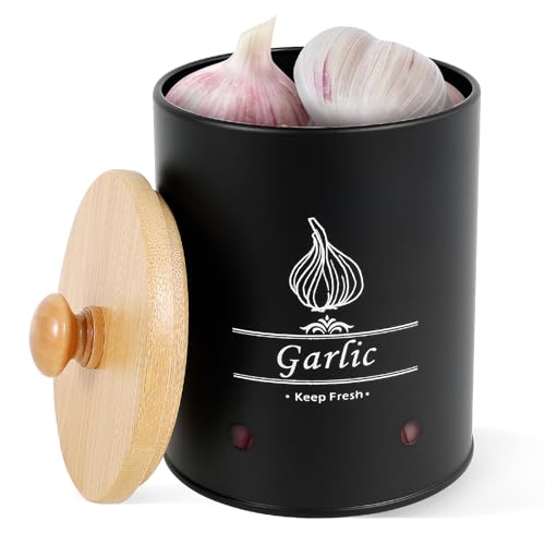 Garlic Keeper with Bamboo Lid, Metal Garlic Storage Tin for Counter, Garlic Storage Container, Large Garlic Keeper, Garlic Container Garlic Saver Jar Vegetable Canister for Kitchen Pantry (Black)