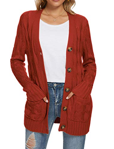 UEU Women s Winter Fall Petite Long Sleeve Open Front Button Down Cable Knit Cardigan Sweater with Pockets(Rust,M)