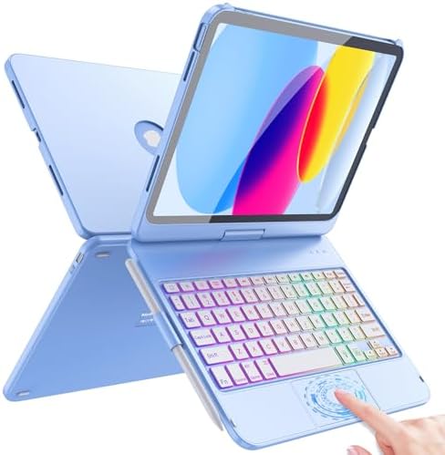 FUWANG Touch Keyboard Case for iPad A16 11th/10th Gen, 360° Rotating, Blue