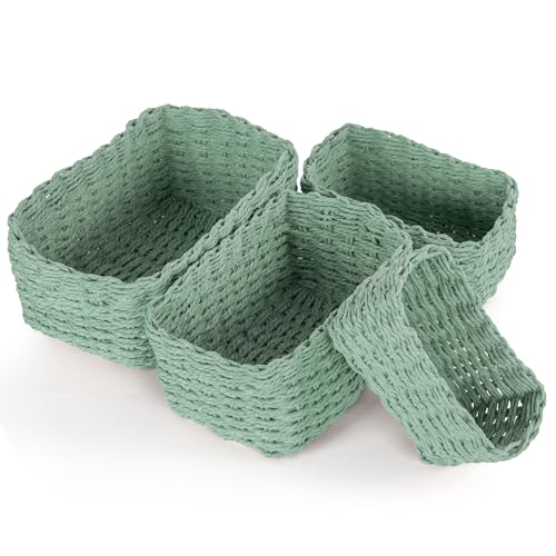 Vikcvcsc Almacenamiento Trenzadas,Juego de 4 Cesto de Almacenaje de Mimbre Cestas de Mimbre Apilables, Cestas Bohemias,Cestas Organizadoras para Baño,Armarios,Salones(Verde)