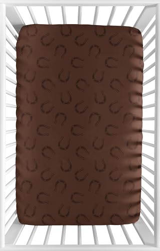 Image of Sweet Jojo Designs Baby Fitted Mini Crib Sheet (Horseshoe Print) for Girls or Boys, Newborn /Infant Nursery, Play Yards, Portable Cribs Brown Horse Shoe, South, Western, Cowboy, Wild West Colletion