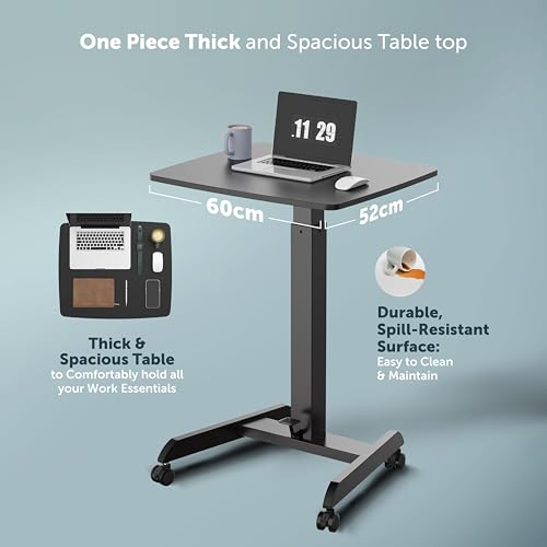 Image of JIN OFFICE Ergonomic Height Adjustable Laptop Desk| 1 Year Warranty| Sit Stand Table with Lockable Wheels| Standing Desk for Home Office| Thick Column and Wide Steel Base| Spacious MDF top| Black