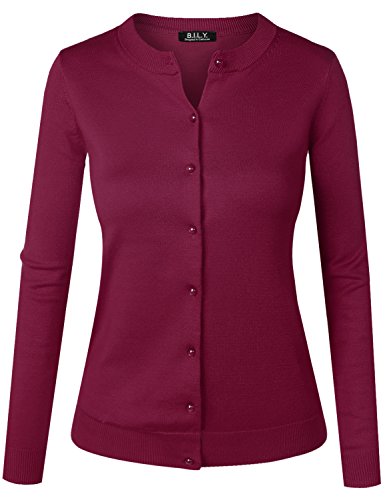 BH B.I.L.Y USA Women's Unique Button Long Sleeve Soft Knit Cardigan Sweater Magenta