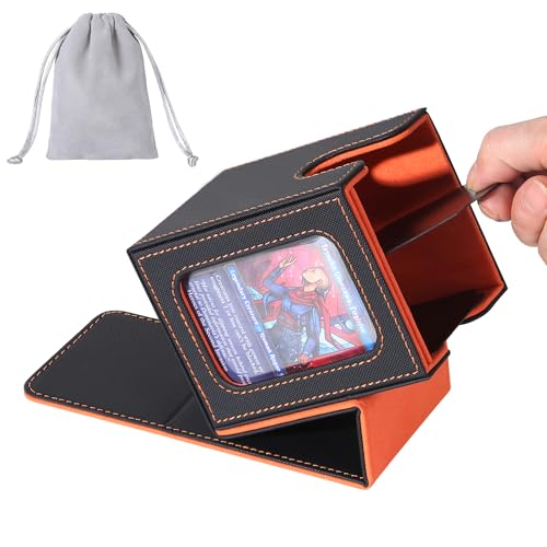 Image of AFIING MTG Deck Box for Commander Display,Card Deck Case Fits 100 Double Sleeved Cards, Magic Commander TCG Card Storage Box with 2 Dividers,Dice Bag and 1 Toploader(Black /Orange)