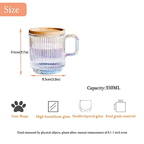 Mengcat Glass Coffee Mug,Iridescent Clear Mug With Lid, Flower Spoon,Classical Vertical Stripes Glass Tea Cup With Bamboo Lid,For Cafe,Tea,Chocolate,Beer,Water,Iced Beverages (Iridescent) #TOP1