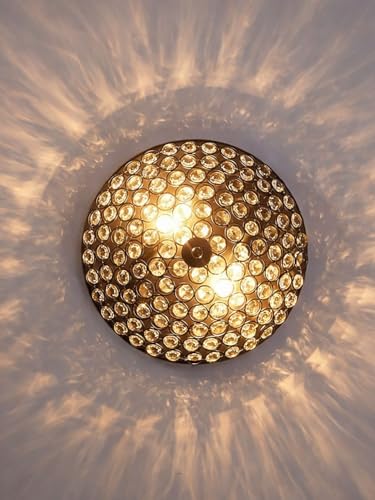 Image of 2-Lights Dome Shape Metal Glass Crystal Chandelier Jhoomar Ceiling Light for Living Room | Modern Flush Mount Crystal Ceiling Lamp | Warm White LED Included