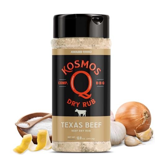 Kosmos Q Texas Beef Dry Rub, Steak Seasoning with Garlic, Onion, Lemon & Savory Spices for Steak, Beef Ribs, Brisket, Burgers, Chuck Roast, Dry Rub for Smoking & Grilling Meat, 13.8 Oz Shaker Bottle