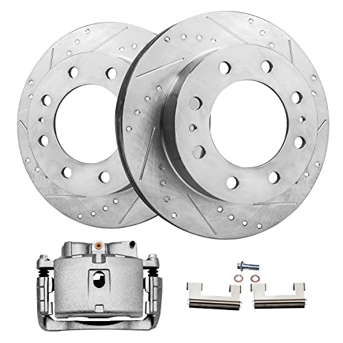 Image of Detroit Axle - Front Drilled and Slotted Rotors with Right Brake Caliper for Chevy Express Silverado Sierra Savana 2500 3500 Replacement