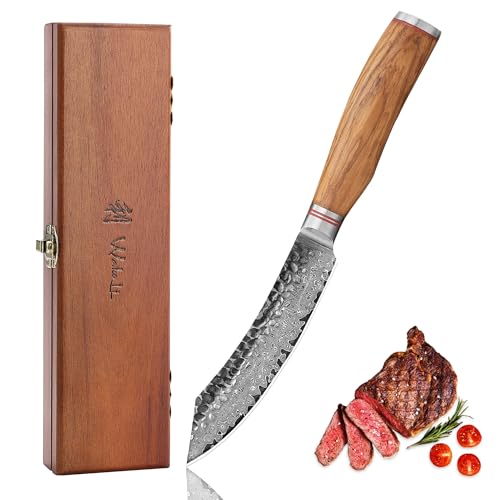 Wakoli Olive HS Steakmesser aus echtem Damaststahl (VG10 Kern) mit 12,5 cm Klinge – Scharf, präzise & ergonomisch – Damastmesser mit Olivenholzgriff in Holzbox – Küchenmesser für Steak und Grill