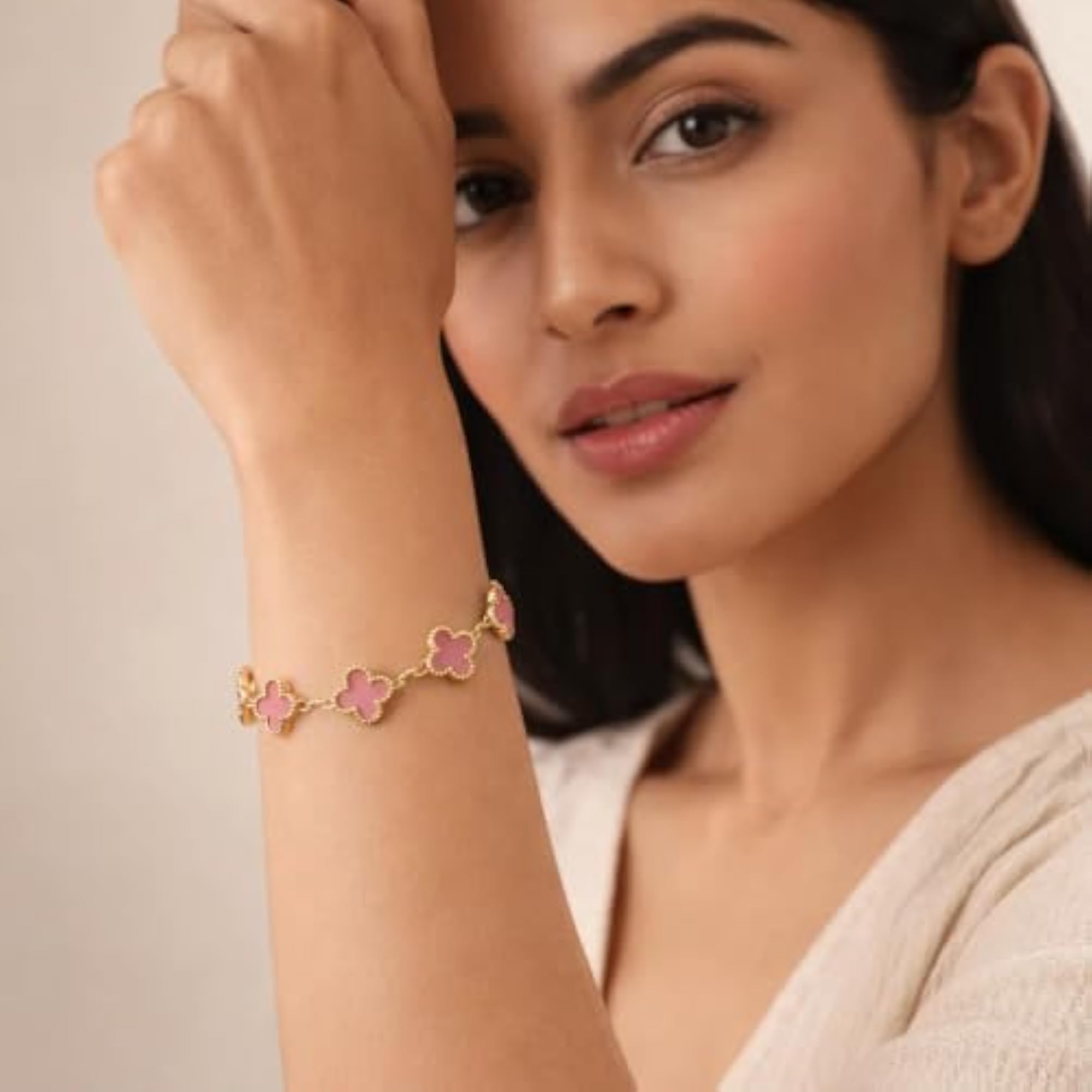 Blush Clover Pink Bracelet, Anti Tarnish Gold Tone