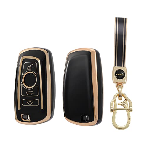 Image of Keyzone TPU car Key Cover and Keychain Compatible for BMW X4, X3, 5 Series, 6 Series, 3 Series, 7 Series 4 Button Smart Key (Type1) (Gold Black with Gold Black KZ Keychain)
