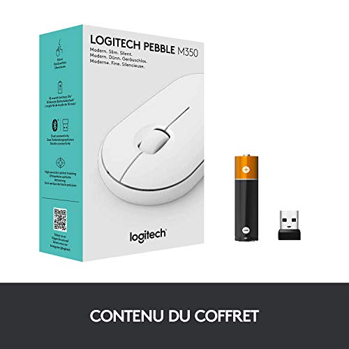 Logitech M350 Pebble Sans Fil, Bluetooth ou 2,4 GHz avec Mini Récepteur USB, Souris pour Ordinateur avec Clic Sliencieux, Portable/Notebook/PC/Mac/iPad OS - Blanche