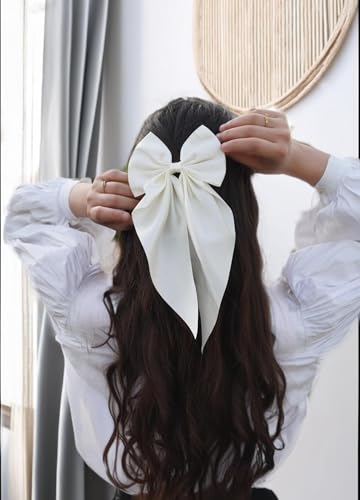 Image of 2 Pack Black and Off White Hair Bows - Bow Clips for Women and Girls - Luxury Silky Satin Barette Hair Clip - Cute Hair Accessories