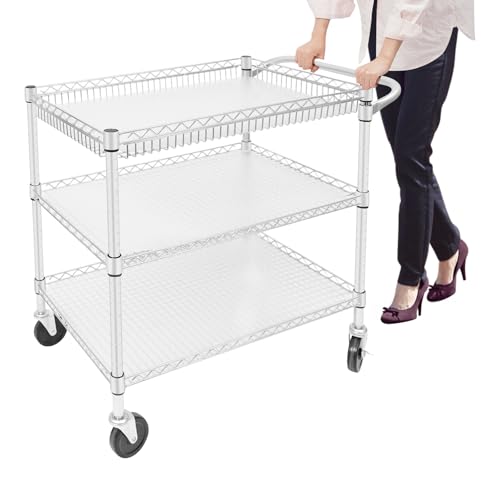 Haitiahote Chariot de service à 3 niveaux, chariot de cuisine, chariot de transport avec 4 roulettes universelles (2 x freinables), capacité de charge par étage 150 kg, 76 x 46 x 82,6 cm pour cuisines