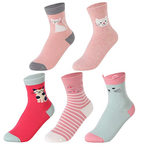 Sunbve 5 Pack Little Girls Cat Crew Cotton Socks #TOP7