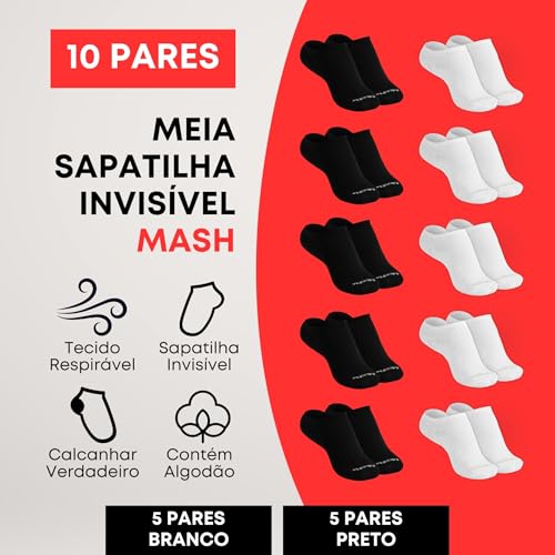MASH Kit 10 Pares Meia Unissex Soquete Invisível Algodão, 5 Brancas - 5 Pretas, 34-38