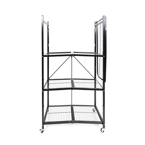 Image of Origami 3 Pack 4 Tier Foldable Metal Garage Storage Shelf Rack, Wheels & Powder Coated Steel, Black
