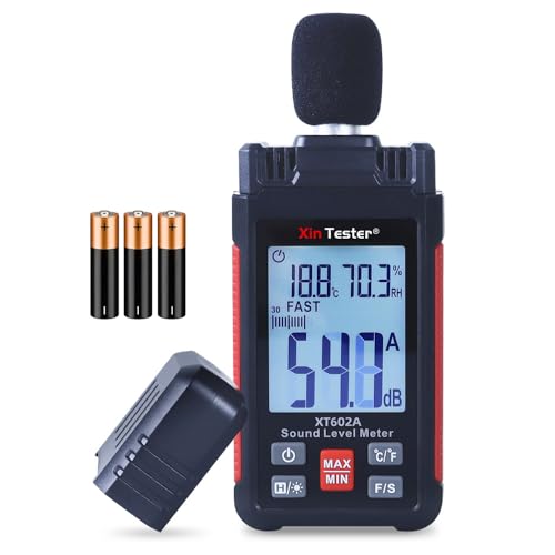 Xin Tester Sound Decibel Meter, Digital Sound Level Temperature Humidity dB Reader Handheld Noise SPL Meter Detector Nuisance Recorder 30-130dB MAX/MIN Data Hold for Home Office Factory
