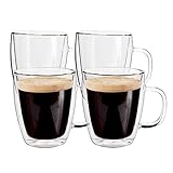 Double Wall Glass Coffee mugs, (4-Pcak) 16 Ounces-Clear Glass Coffee Cups with Handle,Insulated Coffee Glass,Cappuccino Cups,Tea Cups,Latte Cups,Beverage Glasses Heat Resistant