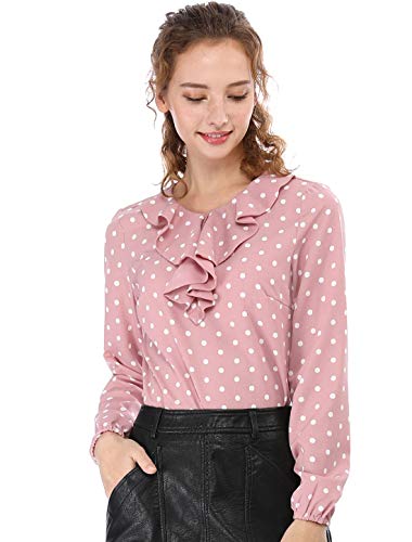 Allegra K Women's Ruffle Neck Long Sleeve Vintage Polka Dots Tunics Blouse Shirt M Pink