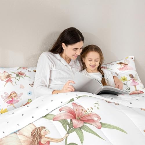 Image of Feelyou Kids Princess Bedding Set Full Size, Fairy Garden Comforter Set Pink Duvet Insert Boys Girls Teens Bedroom Decor 3Pcs