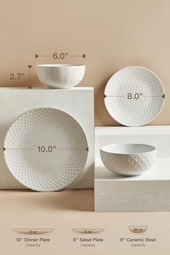FOBENTA Dinnerware Sets for 4,Microwave Safe Plates and Bowls Sets,12 Piece Dish Set,Home Essentials Stoneware Embossment Housewarming Gift - Image 3