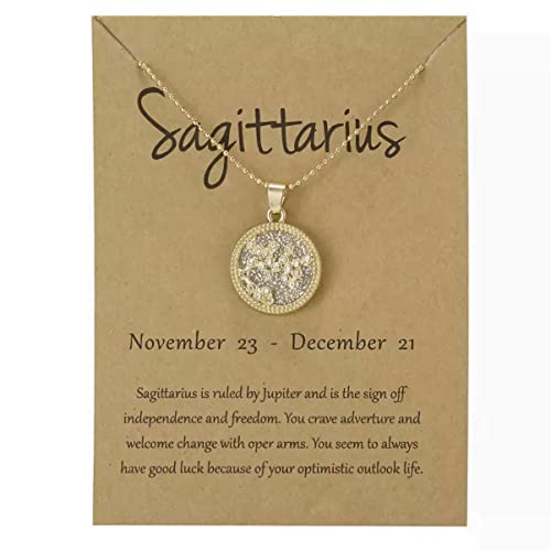 Gold Star Sign Coin Constellation Pendant Chain Necklace – Day – Sagittarius (23rd November - 21st December) - Zodiac Horoscope Celestial Astrology Jewellery - Women Men Gift
