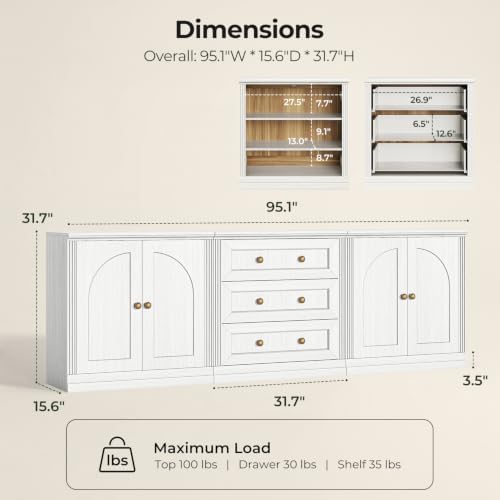 Monos 96" Modular Entertainment Center with Storage Drawers, TV Stand for Living Room, Fluted Display Accent Cabinet, Sideboard Credenza, Buffet Cabinet with Doors, Media Console Table, White - 1