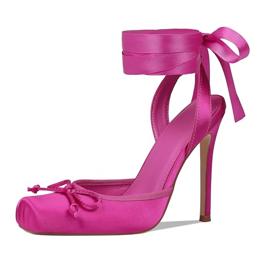Celbreez Ballet Heels Closed Toe Heels for Women Hot Pink Heels Womens Pumps Satin Square Toe Lace Up Slingback High Heels Stiletto Strappy Party Wedding Ballerina Mary Jane Shoes