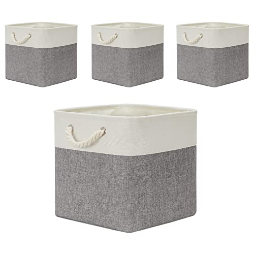 Temary Fabric Baskets 13 Inch Cube Storage Baskets with Rope Handle, Storage Cube Bins Clothes Basket for Gift, Large Storage Bins for Storage Books, Blankets (White&Gray)