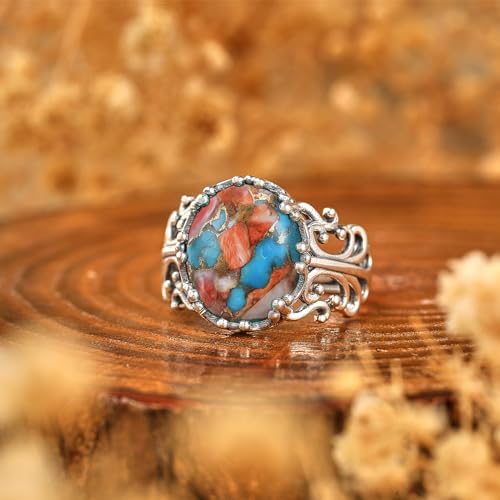 Turquoise Rings for Women 925 Sterling Silver Adjustable Ring Vintage Filigree Engagement Ring With Oval Turquoise Promise Rings for Her Birthday Jewellery Gifts Size 6-92