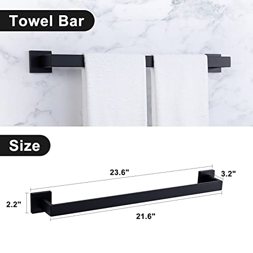 Taucent Bathroom Hardware Set,5 Piece Matte Black Towel Bar Set 304 Stainless Steel Square Wall Mounted Bathroom Holder Includes 23.6" Hand Towel Bar Rack,Toilet Paper Holder, 2 Robe Towel Hooks #TOP3