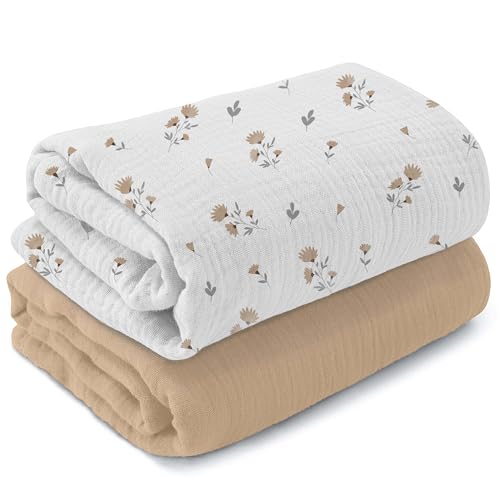 MiFlor Muslin Swaddle Blankets 2 Pack â€“ 47\" x 47\" Soft & Breathable Muslin Baby Blanket for Newborns, Large Swaddle Blanket for Sleeping, 100% Cotton, Multi-Use Baby Swaddling for Boys & Girls