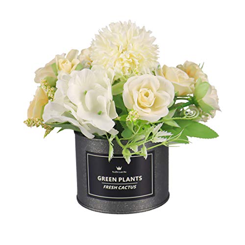 Uikkot Artificial Flowers Pot Silk Rose Hydrangea Flower With Metal Vase Arrangements Small Bonsai Centerpieces Decor House Office Table (A-Blue) #TOP1