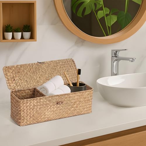 Moosky Wicker Shelf Baskets with Lid, Seagrass Storage Basket with Dividers Rectangular Woven Back of Toilet Baskets Boxes Home Decor Organizer (Coffee Large) by Moosky - Used condition - Image 2