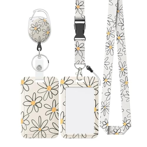 JYNXOR Porta Badge Da Collo Retrattile, Portabadge Scorrevole Floreale Bianco Fiore, Con Retrattile Badge Bobina Moschettone Clip e Staccabile Cinturino Cordino Rigido Verticale Protezione Della Carta