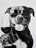 KUSTOM ART Póster decorativo de pared Serie Animales Perro Pit Bull Gafas y Copa de Vino Impresión Artística sobre Papel Patinado 40 x 30 cm Sin Marco