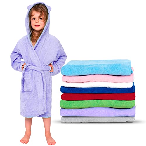 Twinzen - Kinderbademantel Mädchen oder Junge - 100% Baumwolle Ohne Chemikalien OEKO-TEX® - 2 Taschen, Gürtel, Kapuze mit Ohren - 7-8 Jahre, Lila, Size4