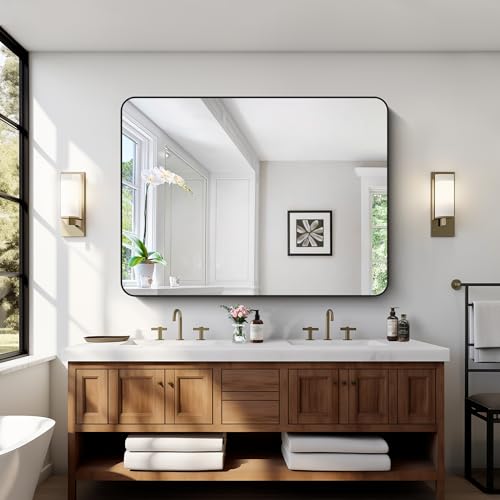 Bathroom Mirror, 48x36 inch Black Rectangle Wall Mirror, Metal Frame Rounded Corner Vanity Mirror, Large Wall Mounted Mirror for Over Sink Bedroom Living Room Horizontal Or Vertical Mounting