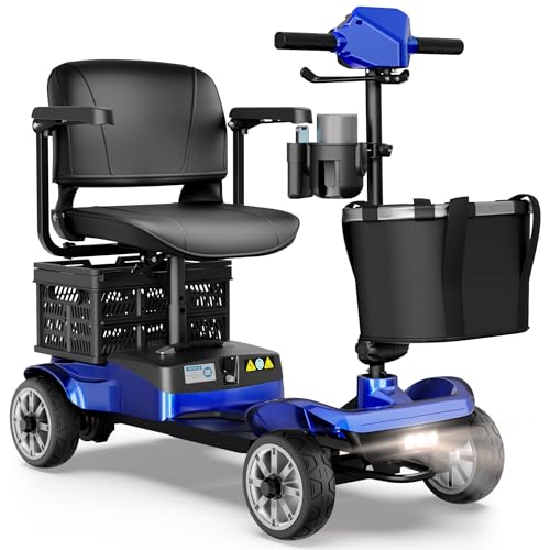 Foldable 4-Wheel Mobility Scooter for Adults Portable Motorized Scooter with 330 lbs Capacity Detachable Battery Dual Baskets Cup & Phone Holder Blue