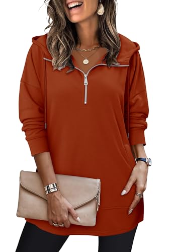 onlypuff Women Hoodie Pullover Trendy Quarter Zipper Lapel Sweatshirts Drawstring Cute Hooded Tunic Tops with Side Pockets