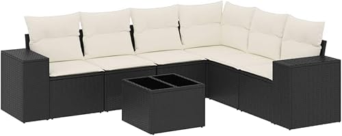 Miniatura 3 de 7 Piece Garden Sofa Set Black and Cream White PE Rattan with Tempered Glass, Modular Outdoor Furniture Set for Patio, Weather-Resistant Lounge