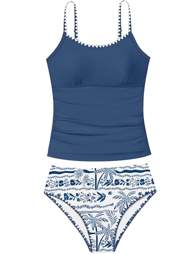 Image of Girls Swimsuit Solid Color Tankini Contrast Trim Swimwear 2 Piece Bathing Suit Padded Swimsuits for Teens 9-16Y