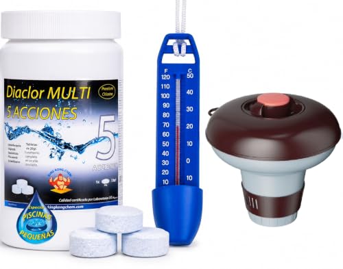 Kit Cloro Piscinas Pequeñas Diaclor Multi 5 Acciones 1 Kg Pastillas 20 Gr Sin Cobre Dosificador Termómetro