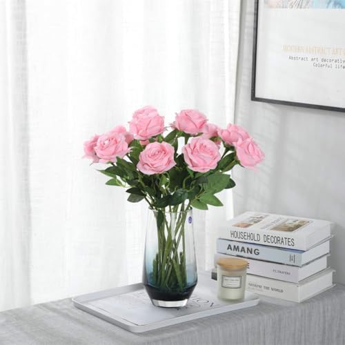 Image of Dekorly Artificial Fake Roses Flowers - 10 Pcs Fake Artificial Roses Silk Flowers with Stems for Home Room Tabletop Wedding Hotel Office Centerpiece Decor | Height 18 Inch (Pink)