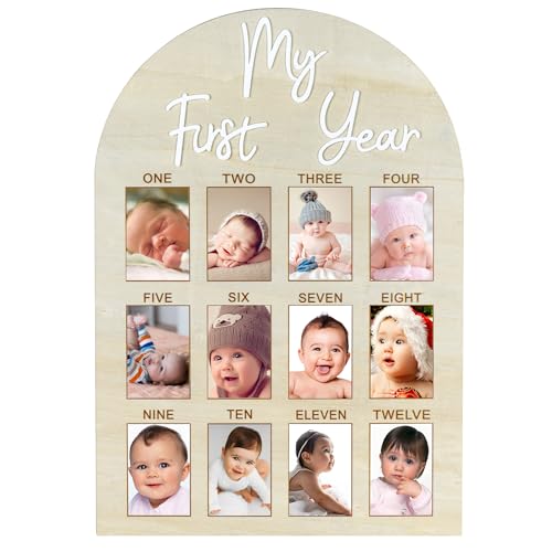 Wartter My First Year Arch Photo Frame, Natural Wooden Monthly Milestone Photo Frame for Baby Birthday Party Decorations, 17 x 11.9 inches