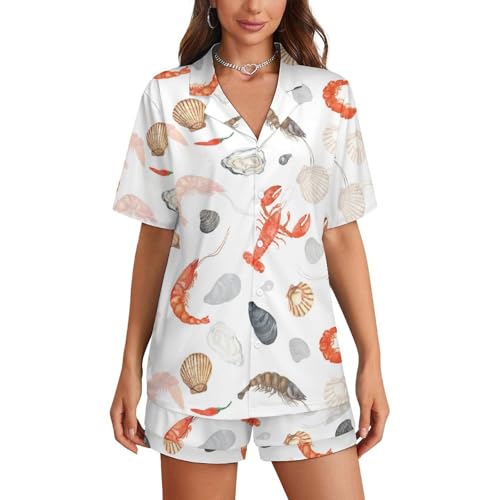 Image of Women Pajamas Shorts Sets Wild West Rodeo Cowboys PJs 2 Piece Button Down Shirt Lounge Pants Set