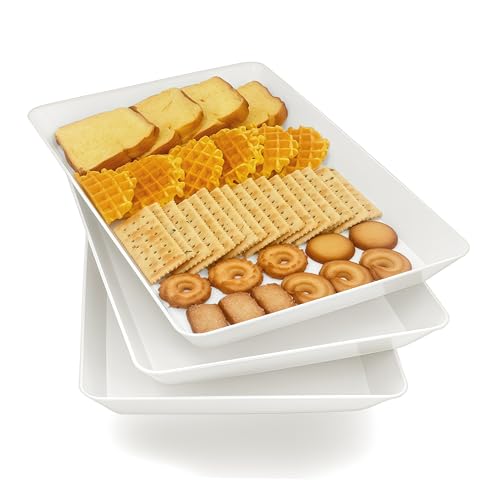 AMGBZT Serving Tray Platter, 3 Pcs Food Tray for Veggie Fruit Snack Dessert Cookie Cheese, Food Trays for Party Supplies Display, Plastic Platters for Serving Food, Large White Trays, BPA Free